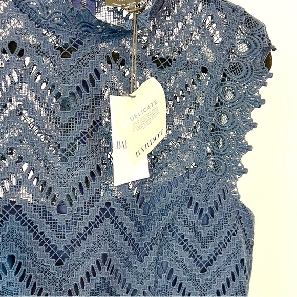 NWT BARDOT Solid Navy Blue Lace Mock Neck Lined Sheath Dress - Picture 6 of 6